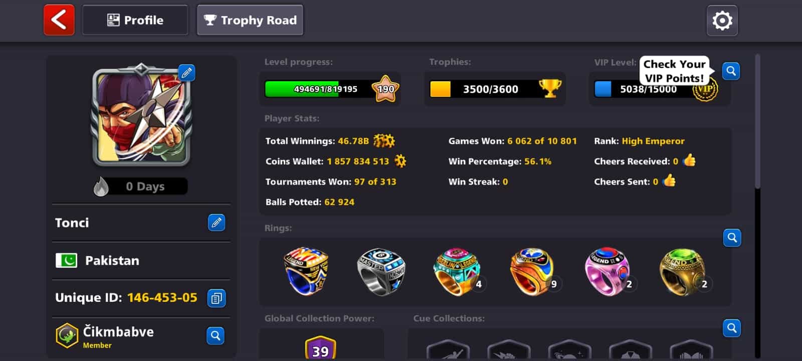 8 Ball Pool High Emperor Level 190 (1 857 834 513 Coins)