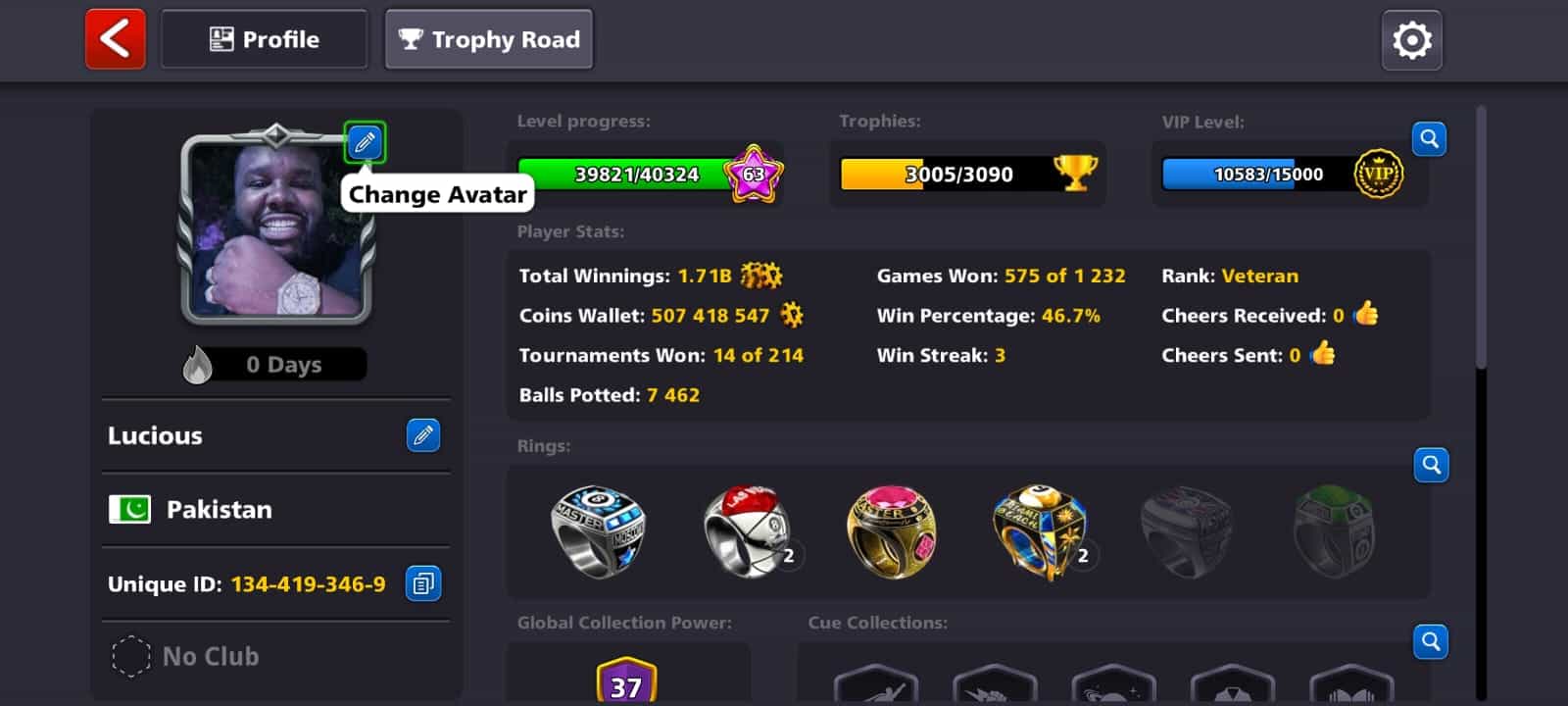 8 Ball Pool Veteran Level 63 (507 418 547 Coins)